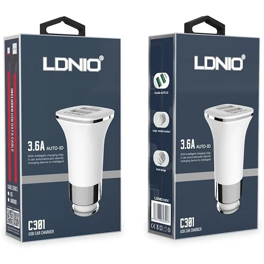 شارژر فندکی 2 پورت الدینیو LDNIO C301 با کابل میکرو یو اس بی 3.6 آمپر