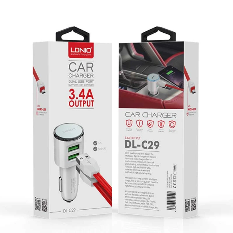 شارژر فندکی فست شارژ  Ldnio DL-C29 + کابل Micro ( 3.4 آمپر 17 وات )