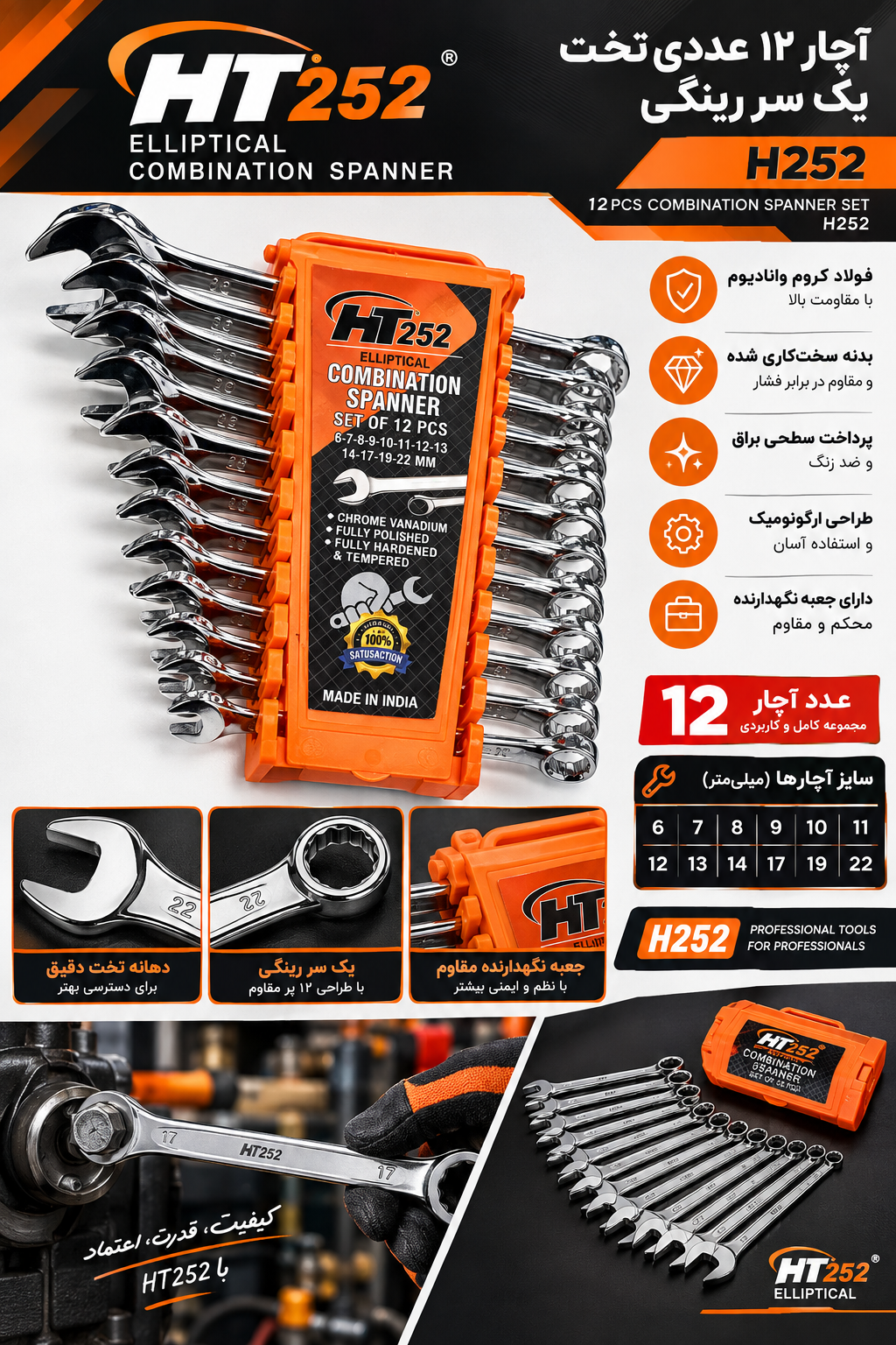 مجموعه 12 عددی آچار تخت یک سر رینگی HT 252