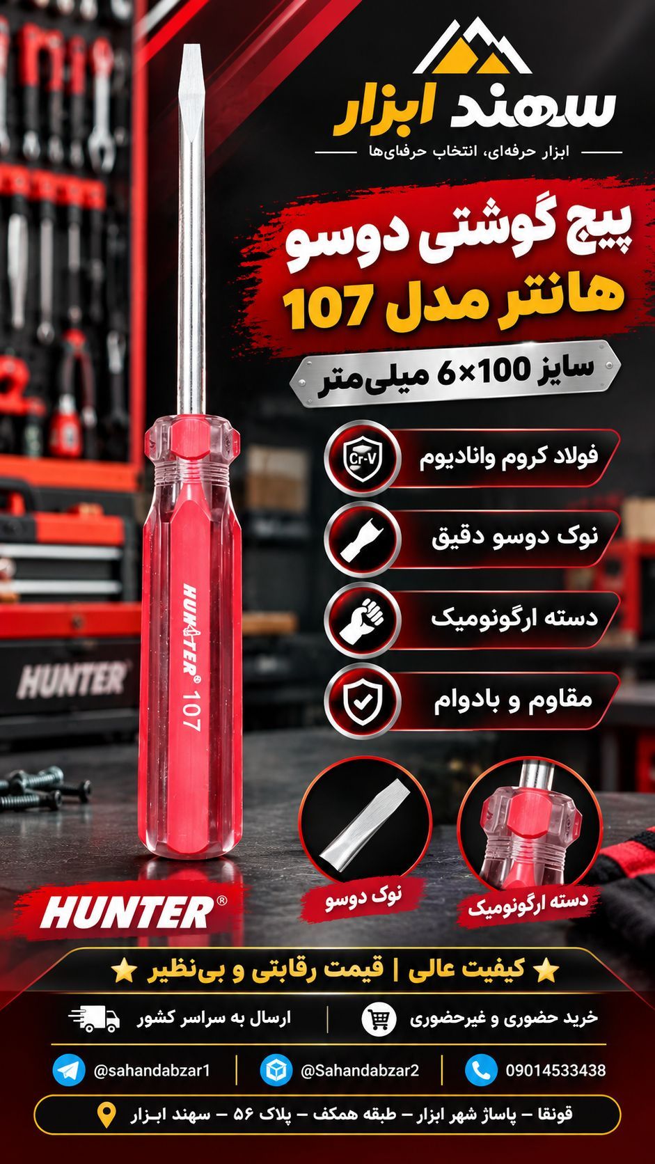 پیچ گوشتی دو سو و چهارسو هانتر Hunter 6×100